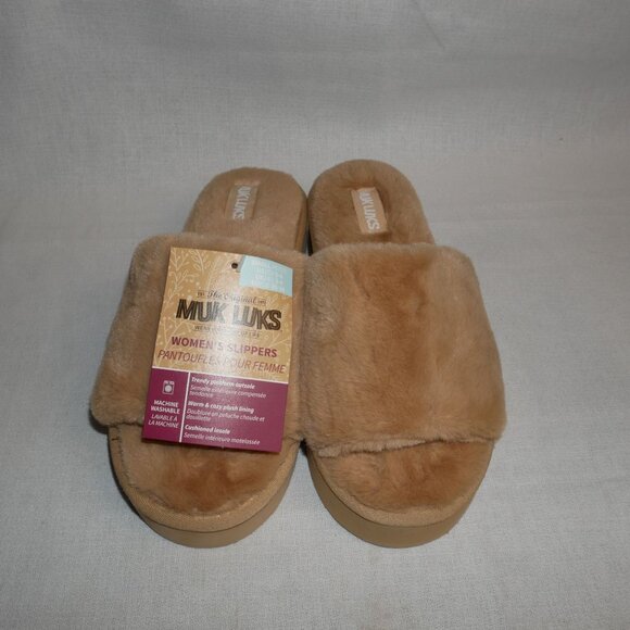 Muk Luks Shoes - Muk Luks Womens Kirstey Slide Slipper Faux Fur Slippers Size S 5-6 Tan NWT